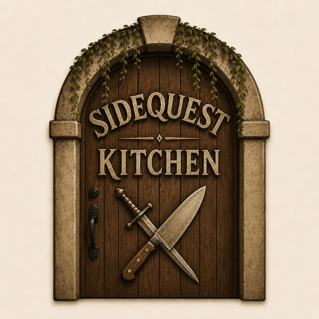 SideQuest Kitchens logo: a wooden tavern door in a stone arch with crossed sword and chef knife